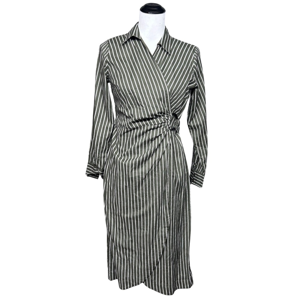 LOFT Shirt Dress Womens 2P Green Striped NWT Faux Wrap Long Sleeve Cotton Blend